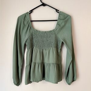 Paper Crane Sage Green Ruched Front Long Sleeve Flowy Blouse